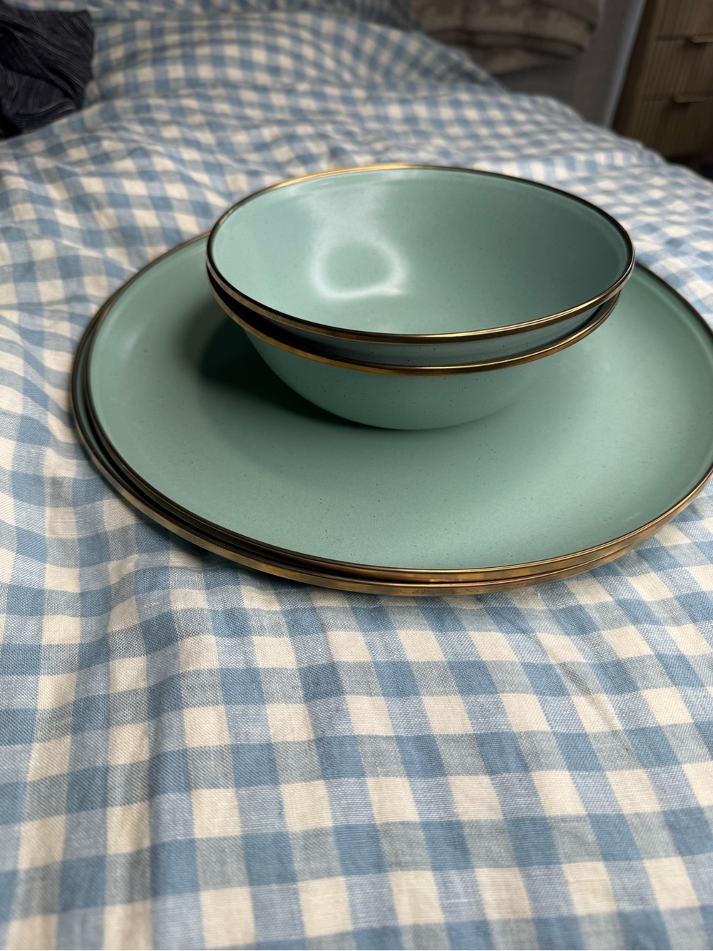 Mint Green Stoneware Dinnerware Set with Gold Trim